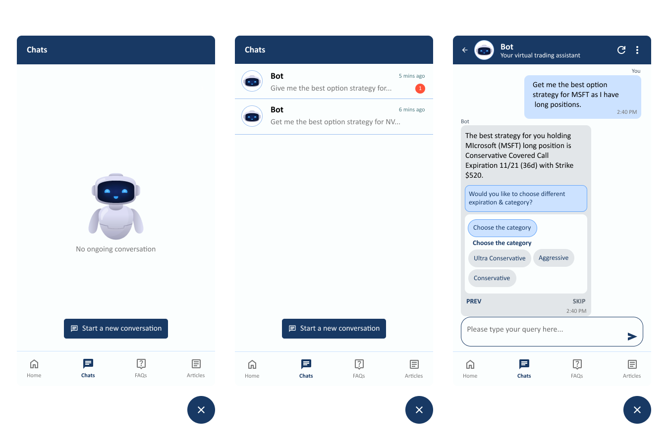 Adaptive chatbot UX showing prompts, history, and integrated results